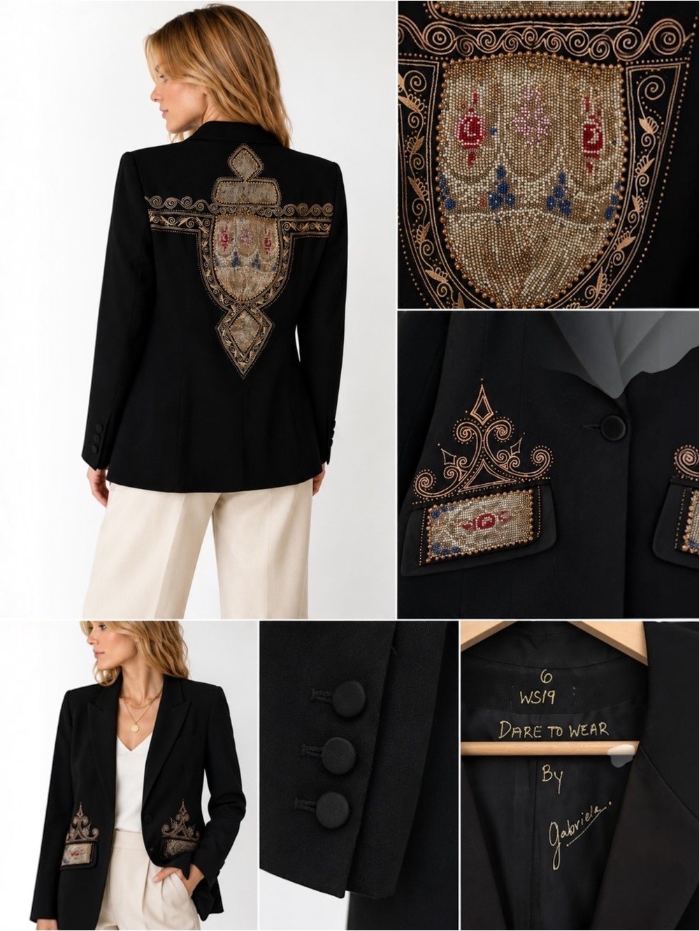 Vintage Gabriela Dare To Wear Black Wool Beaded Art Blazer Jacket Sz 6 USA OOAK